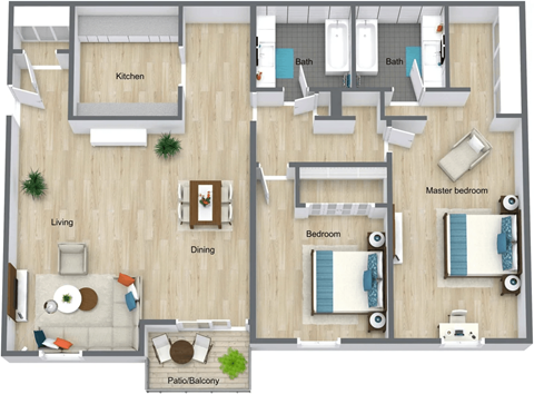 A floor plan of a house with a kitchen, living room, dining room, and bedrooms. at Red Bay Apartment Complex, Jacksonville, FL, 32211